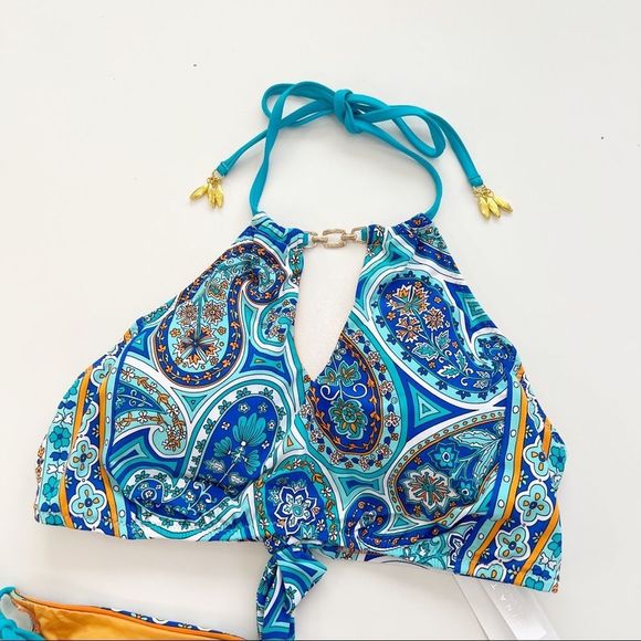 Trina Turk High Neck Halter Bikini Tie Bottoms Pool Paisley 12 New - Picture 2 of 5